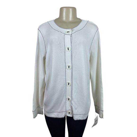 Emma James White Cardigan Sweater Rnd Collar Eye Catching Button Front Sz L New - Picture 1 of 8